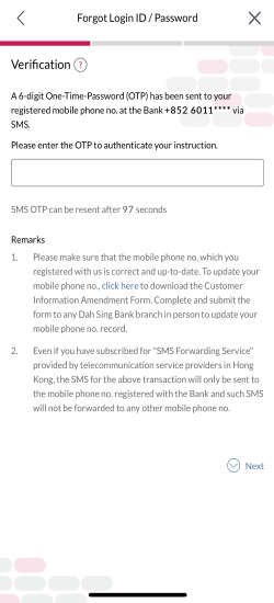 Dah Sing Mobile Banking Forgot Login ID / Password Screencap